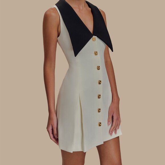 Button Front Sleeveless Mini Dress | Sheath Formal Mini Dress w/ Collar Neck - Picture 6 of 9